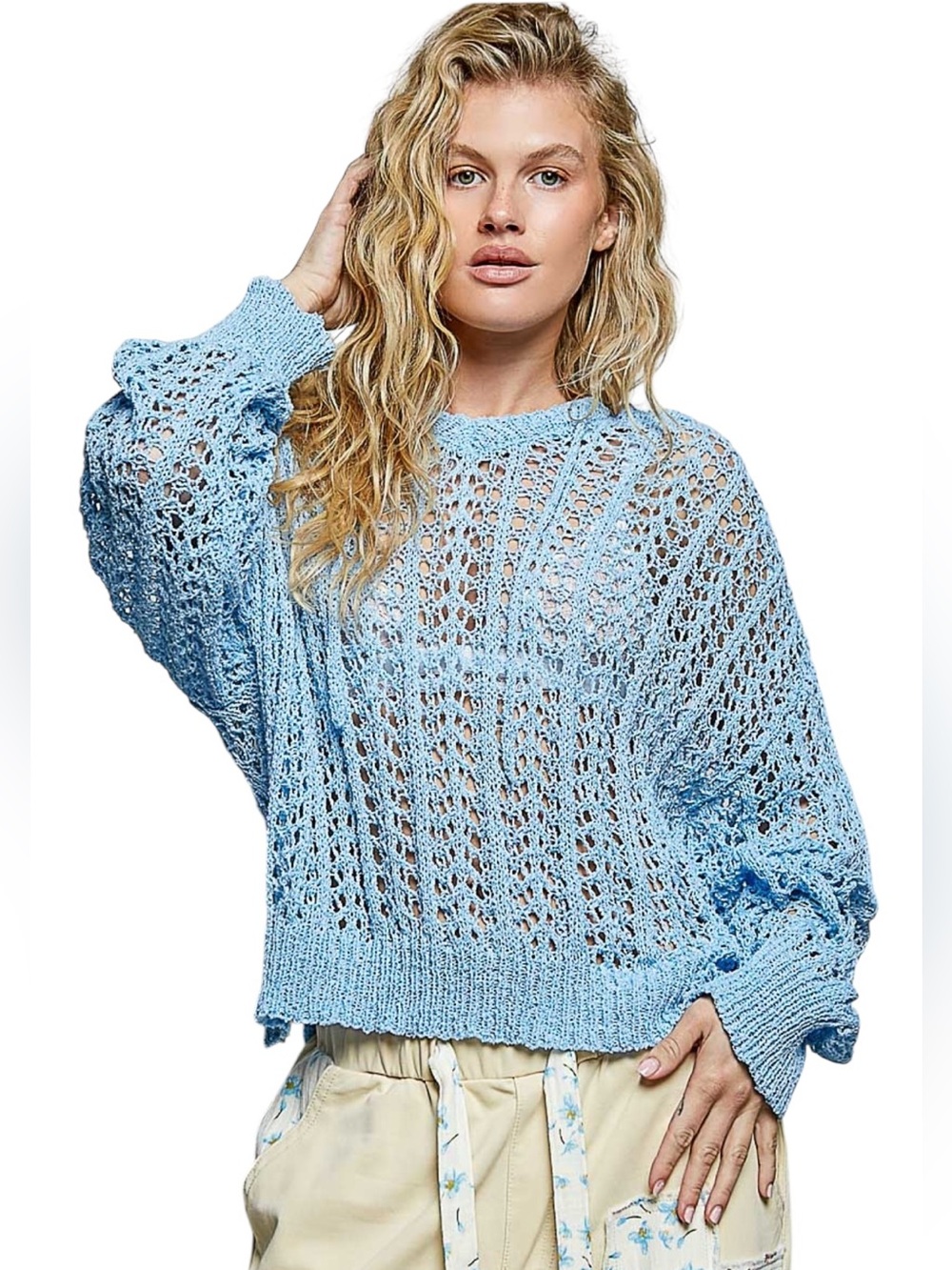 POL Sky Blue Crochet Knit Long Sleeve Hoodie